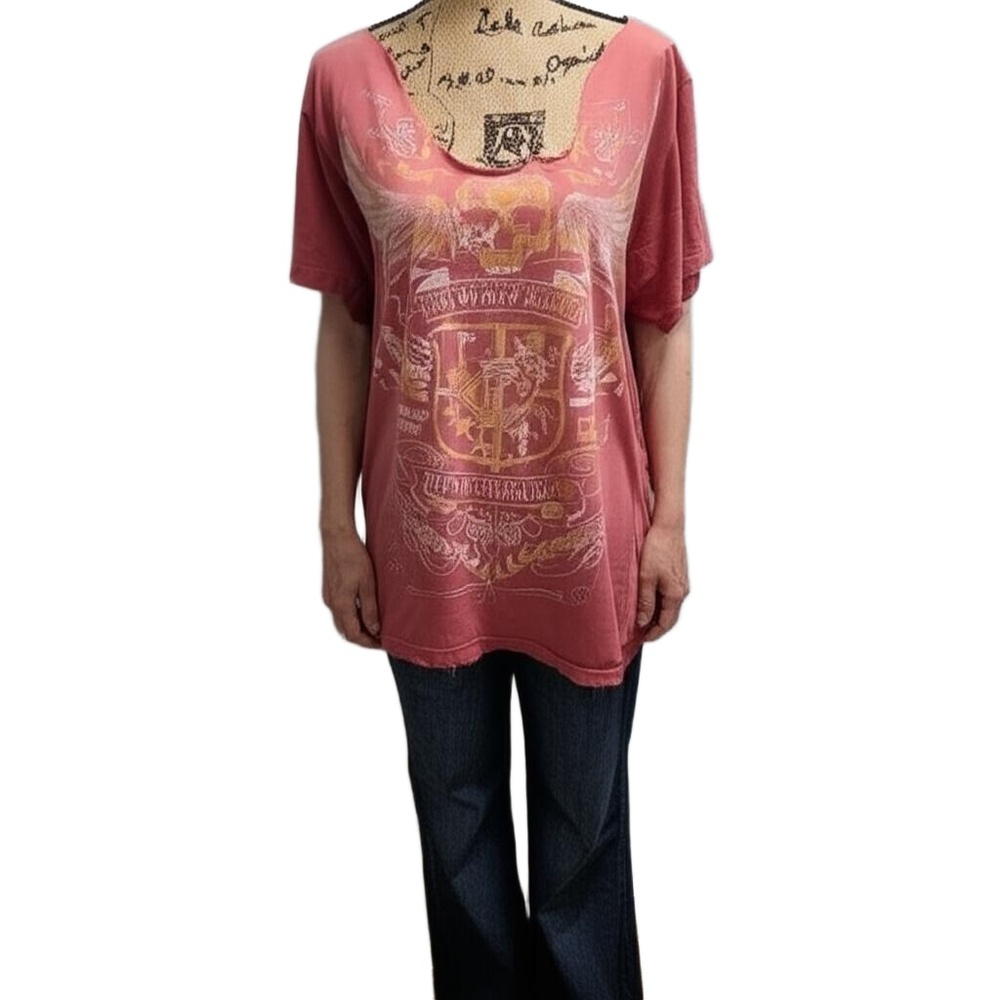 Lost Angels T-shirt Womens Large Faded Red Rust Distressed Graphic Skull Wings‎